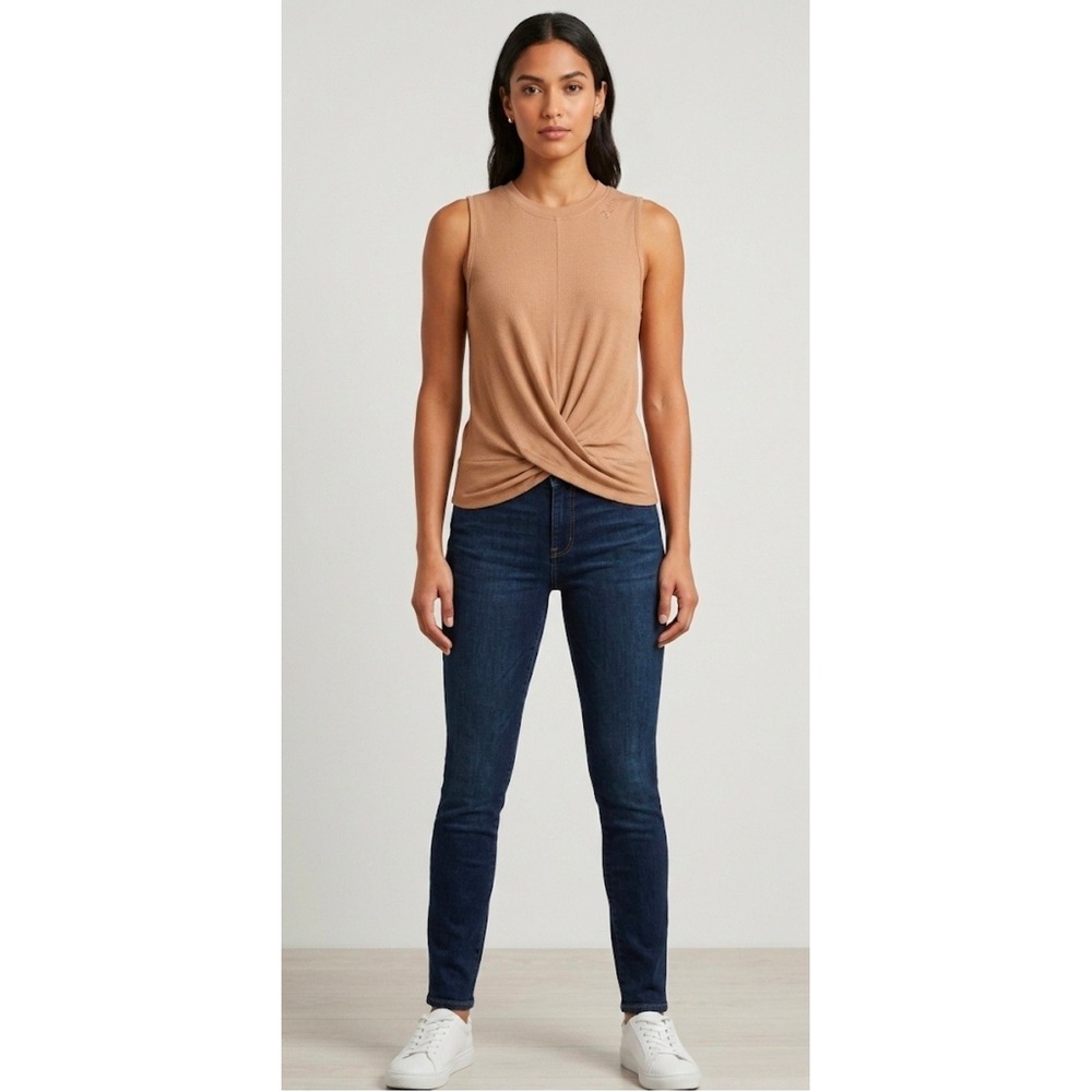 DKNY Ribbed Twist-Front Sleeveless Top in Taupe